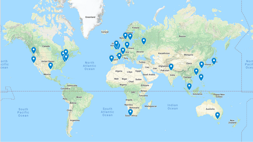 Map of the world with identifiers of locations of people involved in the initial workshops