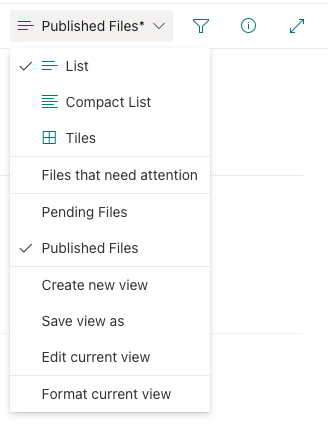 Dropdown of view settings in Document Library, showing both the Pending Files and Published Files. Published files being selected